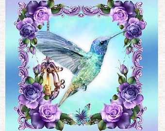 Hummingbird and rose  | Fabric Craft Panels in 100% Cotton or Polyester