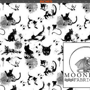 May include: Black and white watercolor pattern featuring black cats and splatters of paint on a white background. The pattern is seamless and repeats. The text "MOONLAKE FABRICS" is visible in the bottom right corner of the image.
