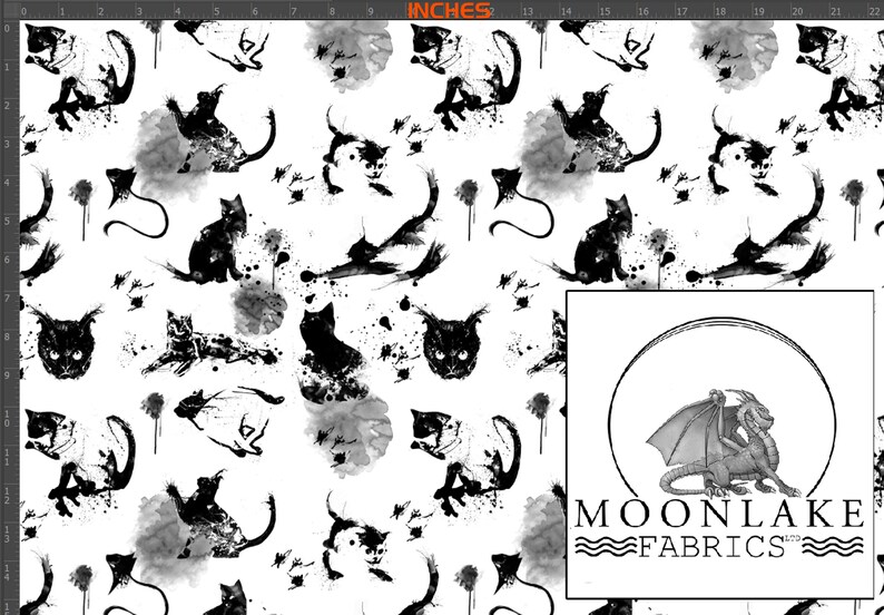 May include: Black and white watercolor pattern featuring black cats and splatters of paint on a white background. The pattern is seamless and repeats. The text "MOONLAKE FABRICS" is visible in the bottom right corner of the image.