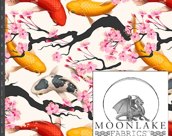 May include: A seamless pattern featuring colorful koi fish swimming among delicate pink cherry blossoms and black branches on a cream background. The pattern is perfect for fabric, wallpaper, or other creative projects.