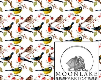 Birds all over repeat pattern, sweet birds on a white background Fabric 100% Cotton 130gsm 111.39cm wide (44 inches)