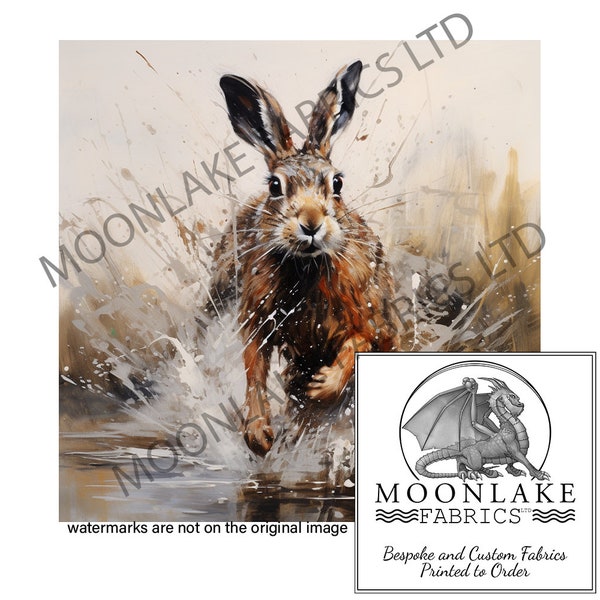 Hare Splashing Through a Puddle 100% Natural Cotton or 290gsm thick soft Polyester Fabric Panel Squares