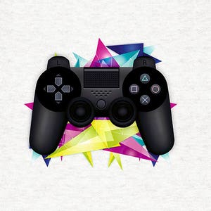 May include: A black video game controller with colourful geometric shapes behind it. The controller has buttons labelled "L" and "R" and features a directional pad, four action buttons, and two analogue sticks.