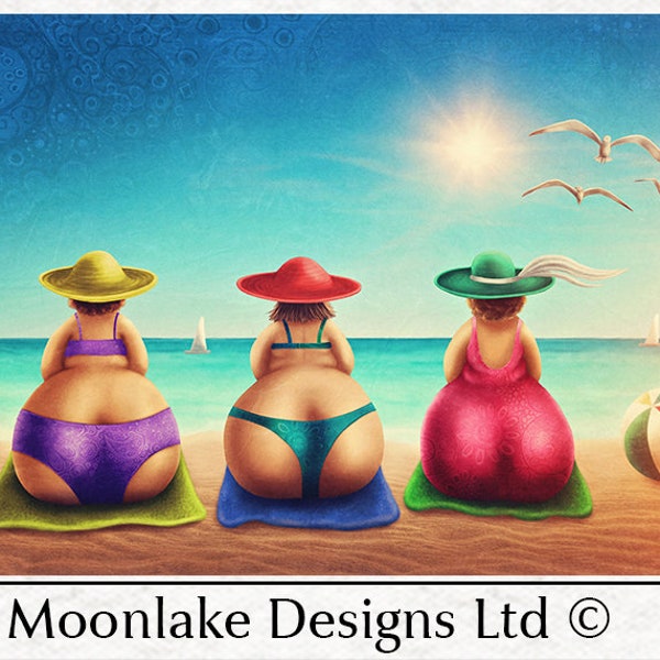 Plump Fun Damen am Strand, Postkarte Humor Stil, 60x40cm Stoff Bastelplatten in 100% Baumwolle oder Polyester