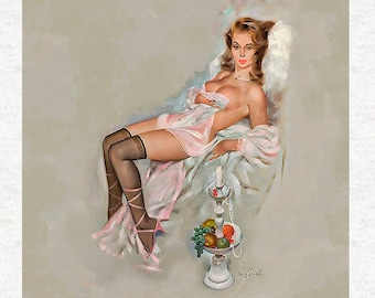 Vintage Pin-Up-Girl, "The painters model".  Fabric Panel | | Sewing | Craft | Printed Fabric Panels -  100% polyester washable