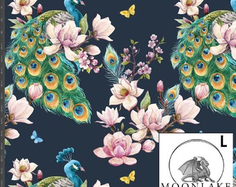 Tessuto in popeline di cotone di qualità 100%, motivo: magnolia pavone