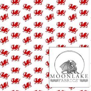 May include: Red Welsh dragon pattern on a white background. The pattern is repeated throughout the fabric. The fabric is made by Moonlake Fabrics.
