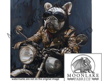 Könnte beinhalten: Ein weißer Französischer Bulldogge mit einer braunen Lederjacke und Fliegerbrille fährt ein Vintage-Motorrad. Das Motorrad hat einen verchromten Scheinwerfer und einen schwarzen Sitz. Der Hintergrund ist dunkelblau.
