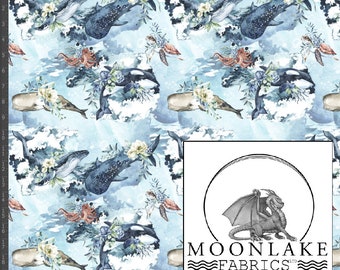Whales Floral Repeat 100% Quality Cotton Poplin Fabric *Exclusive* Size: 111.39cm wide (44 inches)