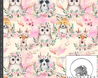 Woodland Animals Fox Owl Deer Racoon Repeat Fabric 100% Cotton, Size: 111.39cm wide (44 inches)