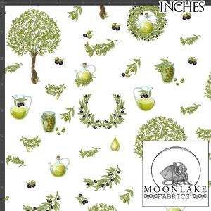 Tela de Olivos, Aceite y Frutas 100% Algodón de Calidad Ligera Popelín de 130 g/m² *exclusivo* Tamaño: 111,39 cm de ancho (44 pulgadas)