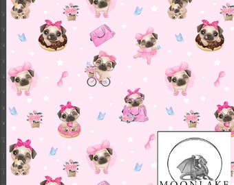 May include: Pink fabric with a repeating pattern of pugs wearing different accessories. The pugs are wearing pink bows, glasses, and holding a donut, a purse, a bouquet of flowers, and riding a bicycle. The background is pink with white stars, hearts, and butterflies.