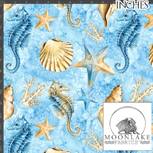 Seahorse Summer Beach Popeline di cotone 100% 130 g/m² *Esclusivo* - Dimensioni: 111,39 cm di larghezza (44 pollici)