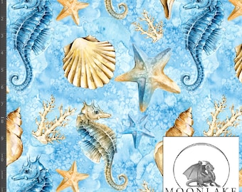 Popelina de verano Seahorse Beach 100 % algodón de 130 g/m² *Exclusiva* - Tamaño: 111,39 cm de ancho (44 pulgadas)