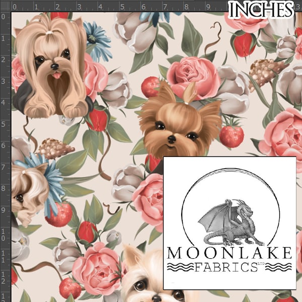 Tissu en popeline de coton 100 % Yorkshire Terrier à motif floral de qualité *Exclusif* - Taille : 111,39 cm de large (44 pouces)