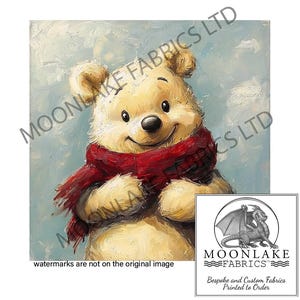 May include: A painting of a cartoon bear wearing a red scarf. The bear is smiling and has light brown fur. The background is a light blue sky with white clouds.