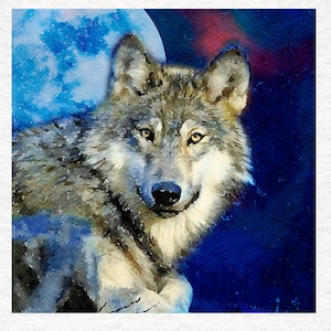 Wolf Under the Moon... Watercolour Print,Fabric Craft Panels 100% Cotton or Polyester