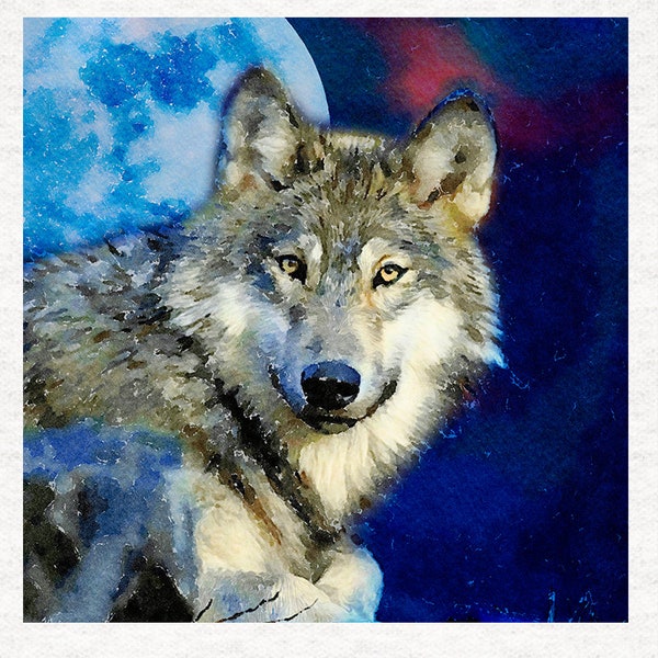 Wolf Under the Moon... Watercolour Print,Fabric Craft Panels 100% Cotton or Polyester