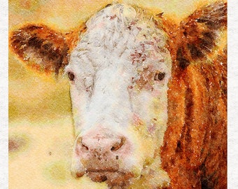 Brown Cow, Watercolour . Fabric Craft Panels in 100% Cotton or Polyester
