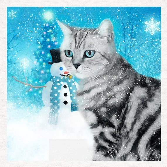 Silver Tabby Cat Christmas Fabric Panel Upholstery Sewing Craft Printed Fabric Panels