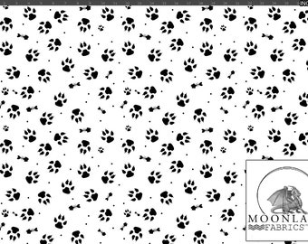 Huellas de gato en blanco y negro y espinas de pescado 100% algodón 130 g/m² - Tamaño: 111,39 cm de ancho (44 pulgadas)