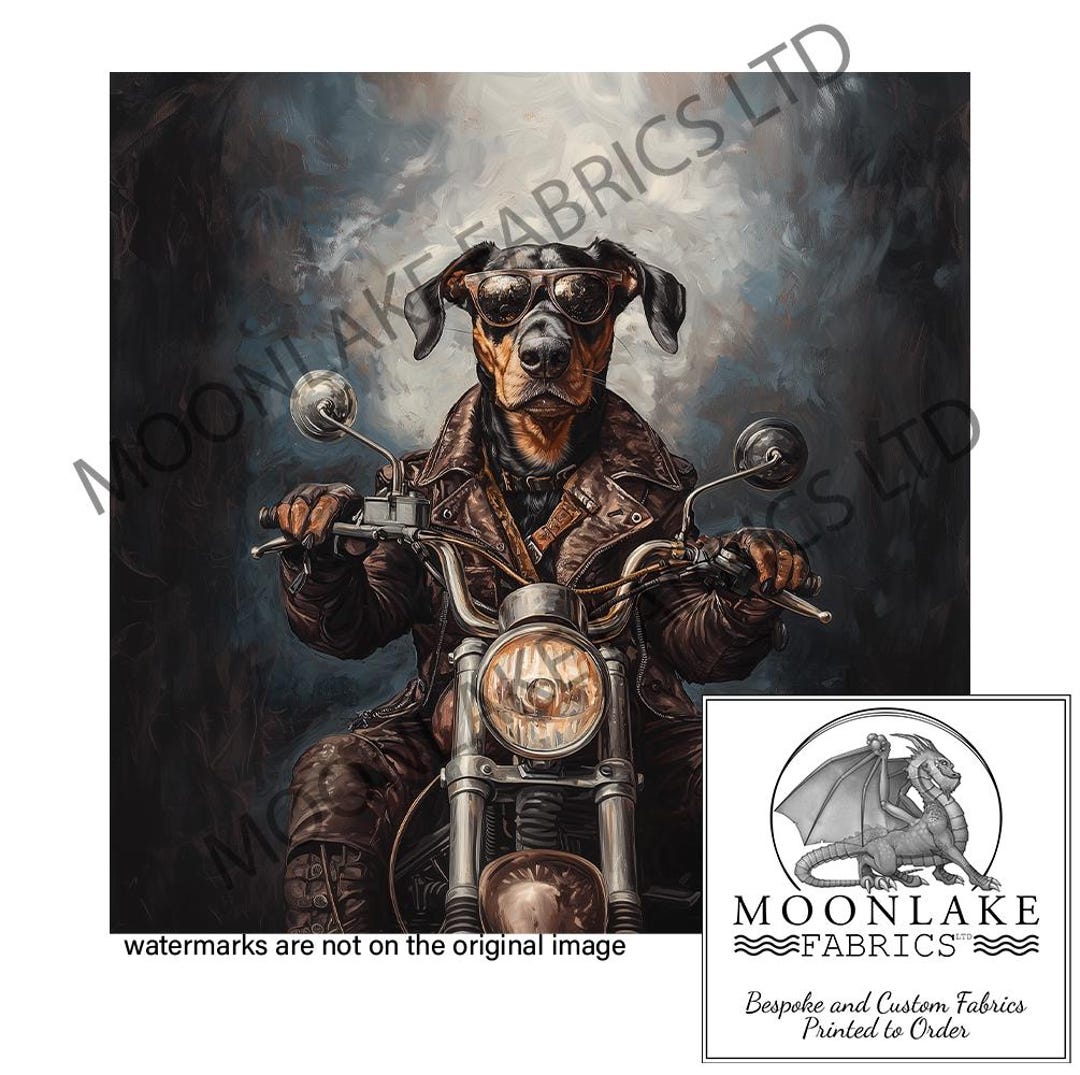 Doberman Dog Riding a Motorbike Fabric Craft Panels in 100% Cotton