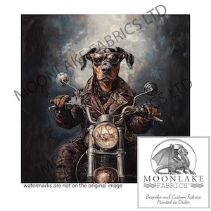Doberman Dog Riding a Motorbike Fabric Craft Panels in 100% Cotton or Polyester