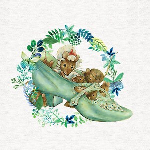 May include: A watercolor illustration of a green shoe with a group of mice inside. The shoe is surrounded by a wreath of green leaves and blue flowers.
