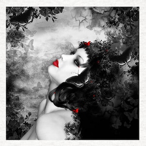 Gothic Butterfly Goddess, Black white and red unique Fabric Craft Panels in 100% Cotton or Polyester
