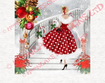Christmas - Chic 1950's style Fashion Female, Fabric Craft Panels in 100% Cotton or Polyester