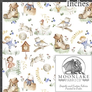 May include: A white fabric with a repeating pattern of watercolor illustrations. The illustrations include a cat playing the violin, a cow jumping, a bird, a house, a clock, a moon, a boot, and a child. The fabric is printed with the text "MOONLAKE FABRICS" and "Bespoke and Custom Fabrics Printed to Order".