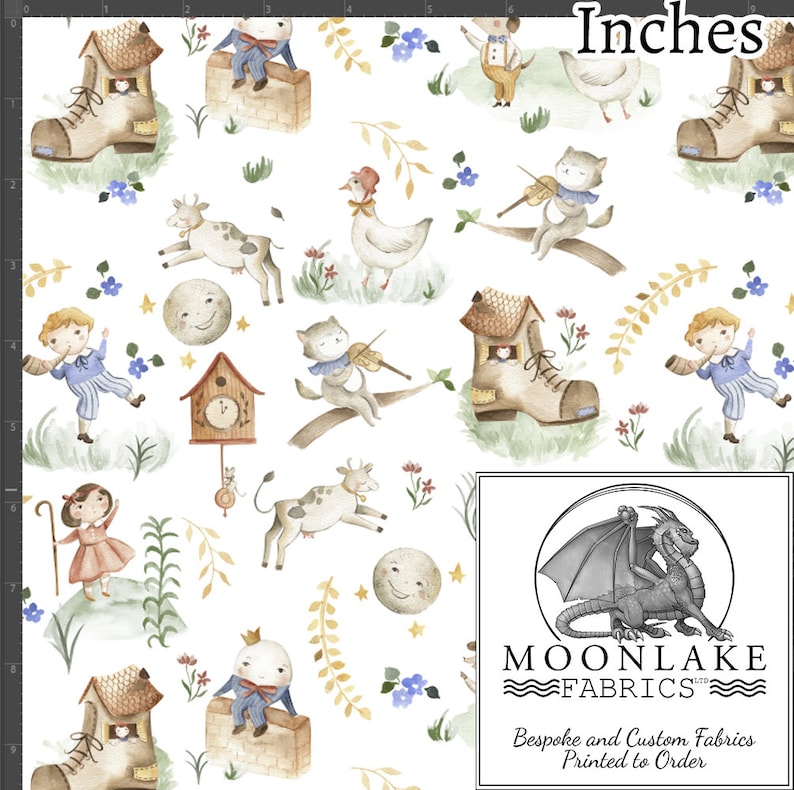 May include: A white fabric with a repeating pattern of watercolor illustrations. The illustrations include a cat playing the violin, a cow jumping, a bird, a house, a clock, a moon, a boot, and a child. The fabric is printed with the text "MOONLAKE FABRICS" and "Bespoke and Custom Fabrics Printed to Order".