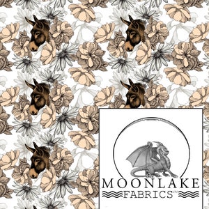 Donkey Repeat Fabric With Blending Flowers Background, Fabric 100% Cotton 130gsm Poplin Size: 111.39cm wide (44 inches)