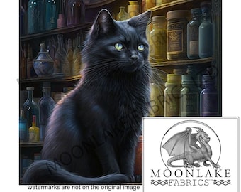 Puede incluir: Un gato negro con ojos verdes se sienta frente a un estante lleno de botellas de vidrio. Las botellas están llenas de líquidos coloridos y tienen etiquetas con texto.