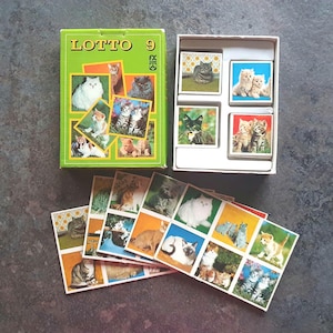 Lotto Katzen Vintages Spiel, Ordne die Katzen Bilder denen auf den Karten zu, volles Haus, Spaß, Katzenliebhaber, Kinderspiel, süße Katzenfotos, beschädigte Box