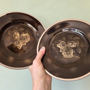 May include: Two round, dark brown ceramic plates featuring a central cream-coloured floral illustration of three roses with leaves. Each plate has a smooth, glossy finish and a thin, metallic-toned rim around the outer edge.