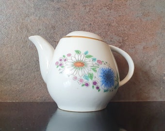 Vintage Polish teapot by Lubiana, DAMAGED, CHIPS, small size, floral flower power, ceramic decorative, gold trim