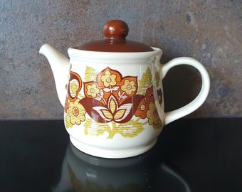 Theepot vintage van Sadler, bloemrijk, groenbruin, stevig, breng theetijd terug, retro thuis, leuk