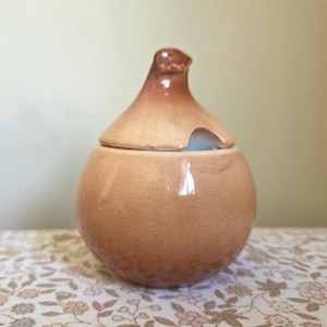 May include: A round, light brown ceramic sugar bowl with a matching lid. The lid features a small, pointed handle at the top and a cutout notch on the side to accommodate a spoon. The surface of the ceramic has a smooth, glossy finish.