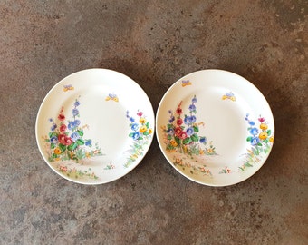 Pair plates, vintage Crown Staffordshire Hollyhocks Floral tea plates, side plages, flowers, butterflies, gorgeous hand painted garden, 8"