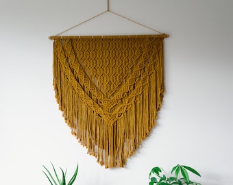 Bohemian Macrame Tapestry 40" wide. Large Woven Macrame Wall Hanging available in Grey, Mustard or White.