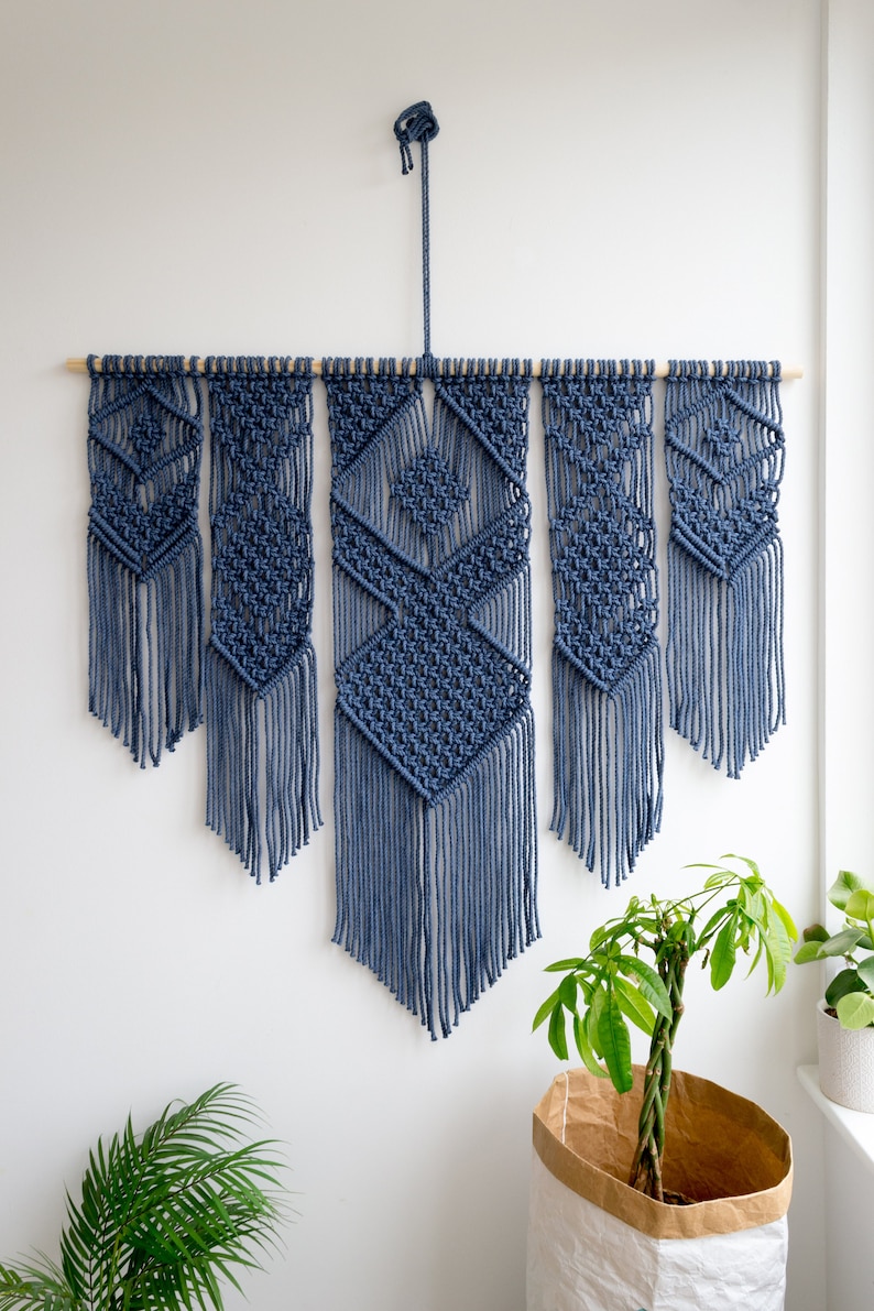 Large Macrame Wall Hanging Available in White, Gray, Mustard, Green, Mint, Salmon, Blush or Lavender 46 x 40 116cm x 100cm Navy Blue