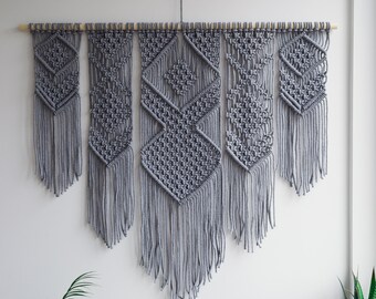 Large gray macramé wall hanging 46" x 40" / Woven tapestry wall hanging / Bohemian wall art