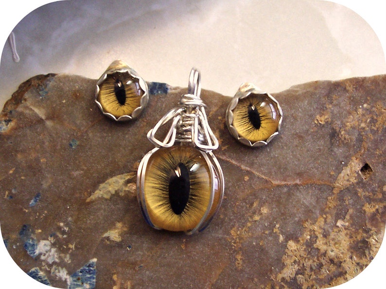 Made to Order Solid Sterling Silver Earring and Pendant Set Custom Hand Painted Glass Eye