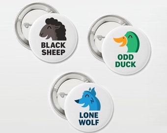 Misfit Animals Buttons: Black Sheep, Odd Duck, Lone Wolf (Free US shipping!) by Eddie Fieg