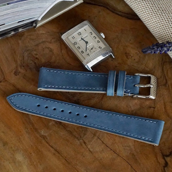 Bracelet de montre en cuir Nubuck bleu français fabriqué à la main
