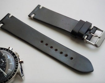 Horween Shell cordovan leather watch strap band in black, Handmade. 18mm, 19mm, 20mm, 21mm, 22mm custom