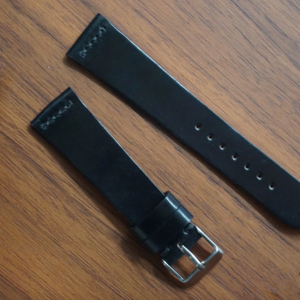 Black shell cordovan watch strap with straight  top stitching 18mm, 19mm, 20mm, 21mm 22mm