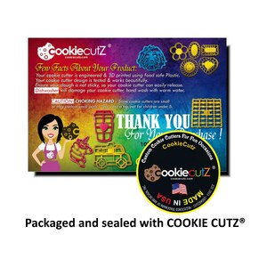 May include: A colorful card with the text "CookiecutZ" and "Thank You For Your Purchase!"  The card features a variety of cookie cutters, including a unicorn, a truck, a coffee cup, and a flower. The card also includes a small image of a cookie cutter with the text "Made in USA".
