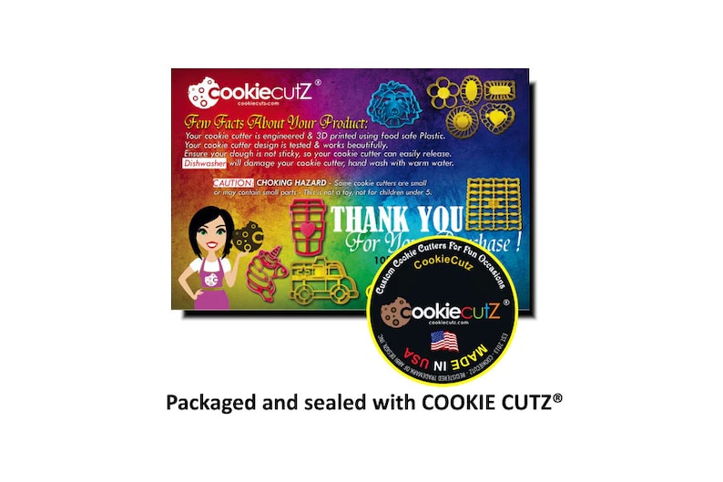 May include: A colorful card with the text "CookiecutZ" and "Thank You For Your Purchase!"  The card features a variety of cookie cutters, including a unicorn, a truck, a coffee cup, and a flower. The card also includes a small image of a cookie cutter with the text "Made in USA".